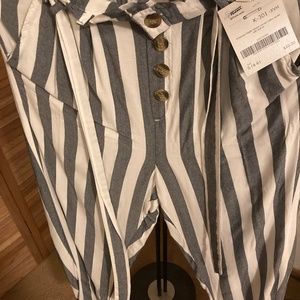 American Eagle High Rise Belted Striped Cotton Wide Leg Palazzo Pants